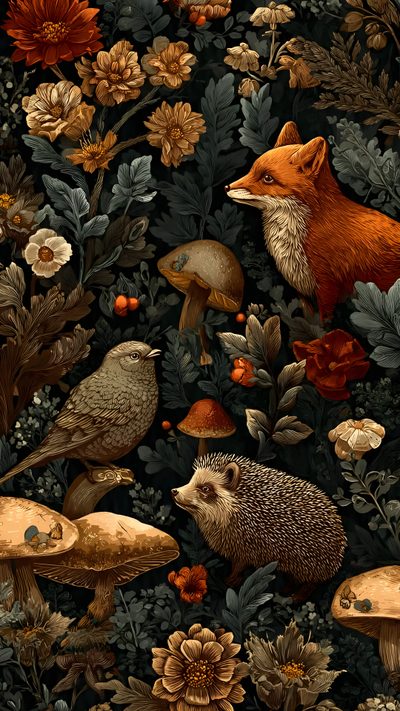 an image of a hedgehog surrounded by mushrooms and flowers on a black background with red berries Halloween Forest Animals Dream Fantasy, William Morris, Phone, Forest, Animals, Pattern, black