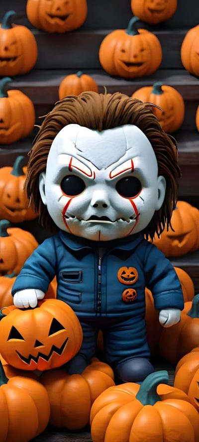 a creepy doll sitting in front of pumpkins Halloween Iphone For Boys Halloween Horror Iphone, Halloween Horror, Horror Halloween, saddle brown