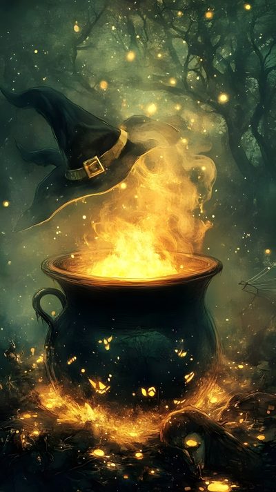 a witch's caulder with fire coming out of it Halloween Witch Cauldron Spooky Halloween Pictures Art, Spooky Halloween Artwork, Spooky Witch Halloween, dark slate gray