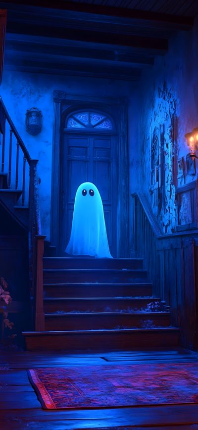 the ghost is coming down the stairs at night Ios 26 Halloween 5d Iphone, Halloween Walpappers, Ghost Iphone, Ghosts, Blue Ghost,