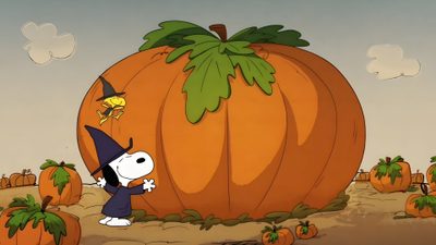 a cartoon character standing in front of a giant pumpkin Snoopy Halloween Desktop Snoopy And The Great Pumpkin, Great Pumpkin Snoopy, Snoopy The Great Pumpkin, sienna
