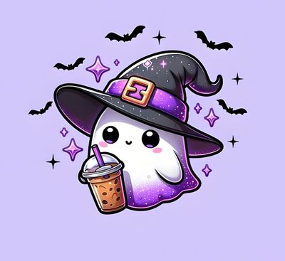 a cute little ghost with a drink in her hand Cute Halloween Purple Ghost Spooky Kawaii Cute Halloween Drawings, Kawaii Halloween Chibi Cute Ghost Drawing, Kawaii Witchy Boba Cauldron, thistle