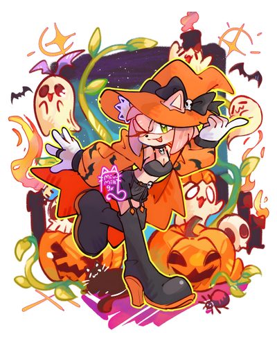 an image of a cartoon character holding a microphone in front of pumpkins and skulls Amy Rose Halloween Sonic The Hedgehog Fanarts, Halloween Sonic, Amy Rose And Honey The Cat, burlywood