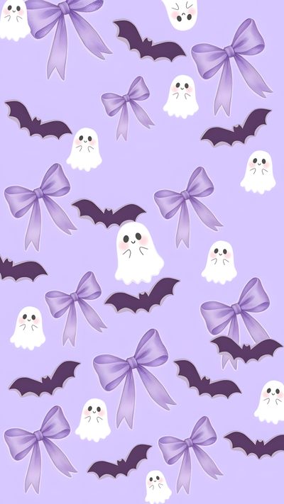purple and white halloween wallpaper with bats, ghost heads, and bow ties on it Halloween Bow Iphone Cute Purple Fall, Purple Halloween Iphone, Cute Purple Halloween, Purple Fall, lavender