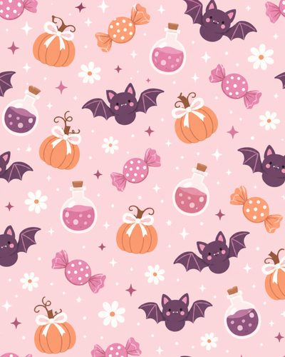 halloween seamless pattern with bats, pumpkins and other decorations on a pink background Pink Pastel Halloween Bats Pastel, Halloween, misty rose