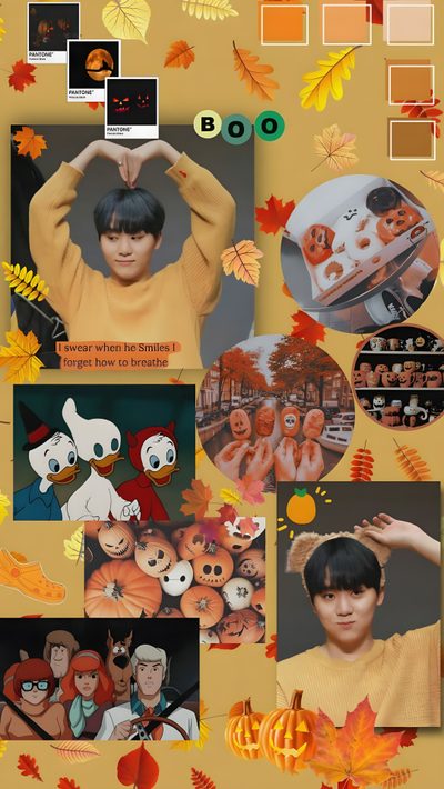a collage of photos with pumpkins, leaves and other things on them in the background Seventeen Halloween Laughing And Crying, Halloween Boo, Halloween, Seventeen, Tumblr, Movie Posters, peru