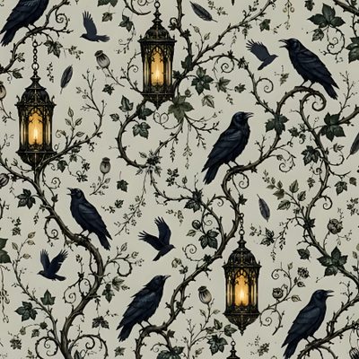 black birds sitting on top of a tree next to a light pole with a lantern hanging from it Gothic Halloween For Home Modern Gothic, Dark Academia Mural, Apothecary, Gothic, Renter Friendly, dark gray