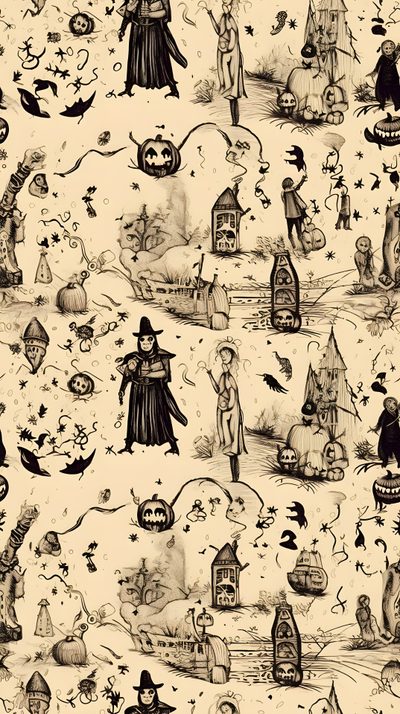 an old fashioned halloween pattern with witches and pumpkins Halloween Toile Halloween Backgrounds Vintage, Vintage Halloween Backgrounds, Cute Vintage Halloween, wheat