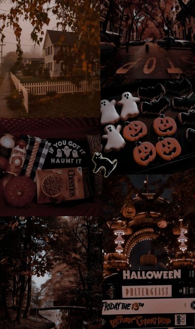 the collage shows halloween cookies and candy on display in front of a house with pumpkins Halloween Fall Vibes Spooky Fall Aesthetic, October Halloween Aesthetic, Spooky October Aesthetic, black