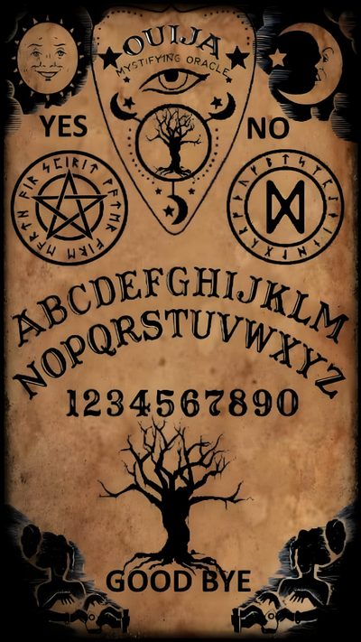 an old book with various symbols and numbers on the front cover, including a pentagramil Halloween Ouija Board Spirit Board, Ouija Board, Halloween Ouija, Halloween Ouija Board, sienna