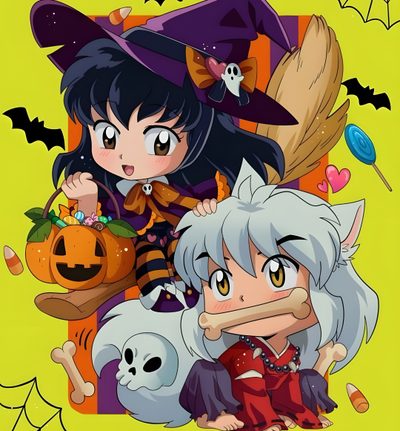 two anime characters sitting next to each other in front of pumpkins and witches on a yellow background Inuyasha Halloween Inuyasha And Sesshomaru, Nightmare Before Christmas, Inuyasha Fan Art, peru