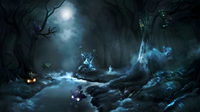 a dark forest with lots of trees and lights Pokemon Halloween Desktop Mimikyu Hd, Mimikyu Black Background, Pokemon Forest Background, dark slate gray