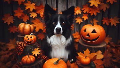 a black and white dog surrounded by pumpkins Halloween Border Collie Spooky Dog, Halloween Border Terrier, Border Collie Halloween, maroon