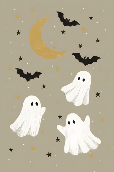 three ghostes flying in the sky with stars and a half moon above them on a gray background Halloween For Nursery Halloween Print, Halloween Artwork, Friendly Ghost, Halloween Poster, dark gray