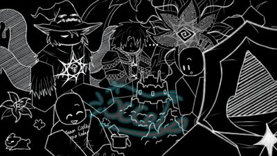a black and white drawing of halloween characters Forsaken Halloween Screen, black