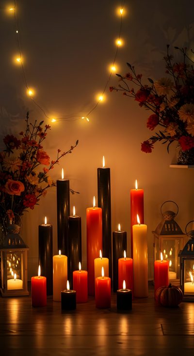 many lit candles sit on a table in front of flowers Halloween Candle Flickering Candles, Candle Iphone, Halloween Floral, Halloween Candle, saddle brown