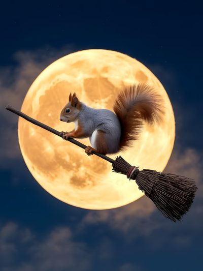 a squirrel sitting on top of a broom flying in front of a full moon with clouds Squirrel Halloween Squirrel Painting, Squirrel Funny, Woodland Animals, Animal Gifs, dark slate gray