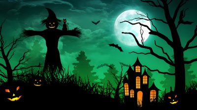 an image of halloween scene with pumpkins and ghost Bing Halloween High Resolution Scary Halloween Background, Halloween Background Dark Forest, Green Haunted House Silhouette,