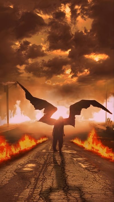 a man standing in the middle of a road with two birds flying over him on fire Halloween Billie Eilish Billie Eilish Album Cover Aesthetic, Bad Guy Background, Billie Eilish Birds Of Feather, saddle brown