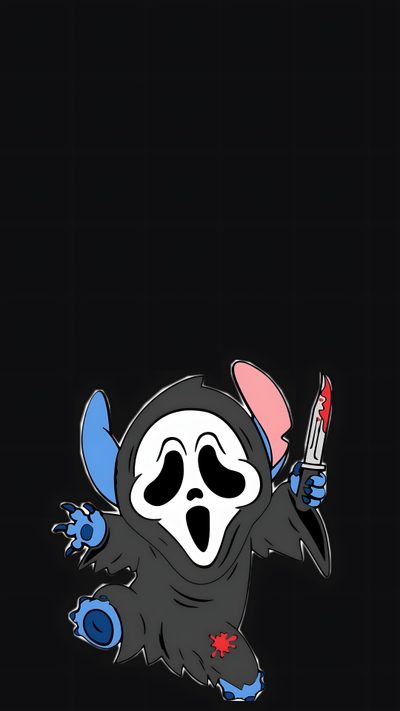 a cartoon character with a knife and fork in his hand, on a black background Stitch Halloween Ghostface Stitch Ghostface, Apple Watch Faces, Halloween, Dark, Apple Watch, Cute, black
