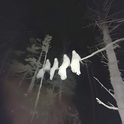 three white birds sitting on top of trees in the woods at night with no one around them Halloween Ghost Tree Lost Souls Aesthetic, Hauntingly Beautiful Aesthetic, Ghost Poses Reference, dark slate gray