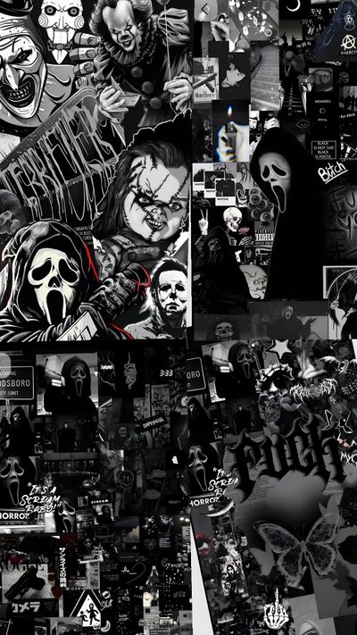 a collage of black and white images with skulls, clowns, and faces Halloween Ghostface Dark And Scary, Best For Ipad, Grudge, Ideas Black, Skeleton, Black Scary,