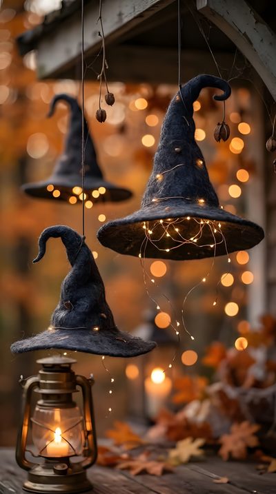 three witches hats hanging from strings next to a lantern and some lights in the background Halloween Witch Hat Witches Hat, Decorated Witches Hats, Halloween Vibes, dark olive green
