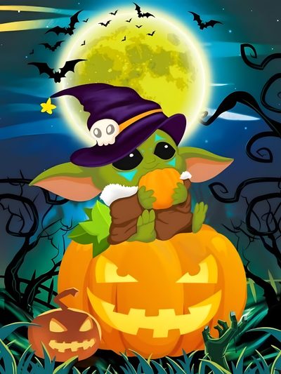 a baby yoda sitting on top of a pumpkin in front of a full moon Halloween Baby Yoda Stitch Halloween Painting, Baby Yoda Pumpkin Painting, Baby Yoda Thanksgiving, dark olive green