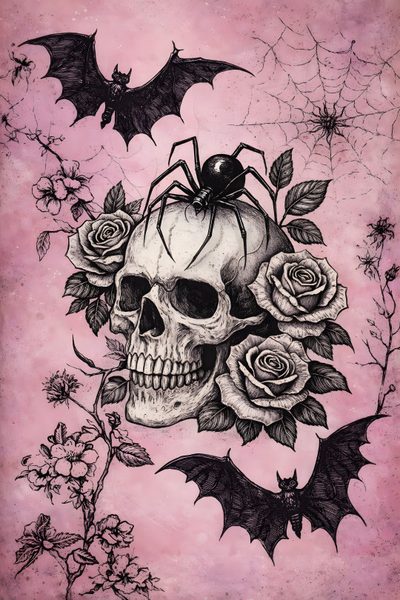 a drawing of a skull with roses and bats on it's head, in front of a pink background Halloween Skull And Bat Halloween Skull Image, Hyperrealistic Drawing, Sassy, Graphite Art, rosy brown