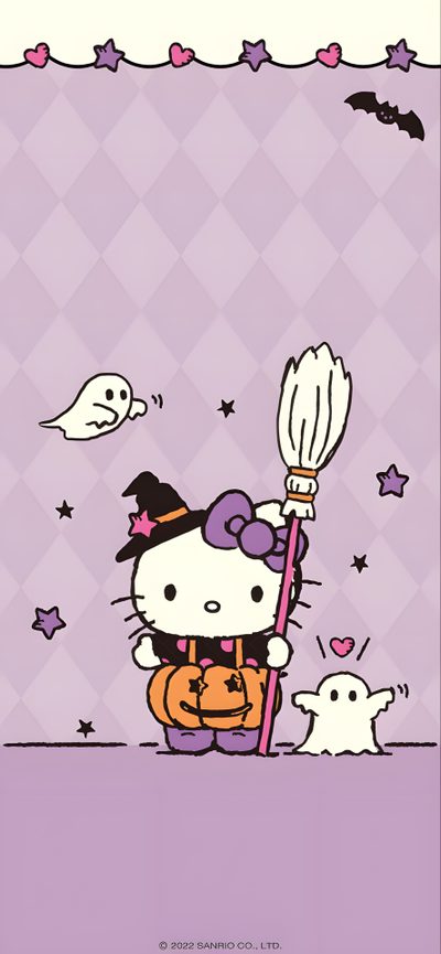 hello kitty is holding a broom in her hand Purple Hello Kitty Halloween Sanrio Halloween Background, Pastel Halloween Aesthetic, Cute Purple Halloween, thistle