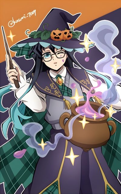 a woman in a witches costume holding a caulder and a pot filled with liquid Halloween Muichiro Muichiro Halloween, Demon Slayer Halloween Art, Demon Slayer Halloween, dim gray