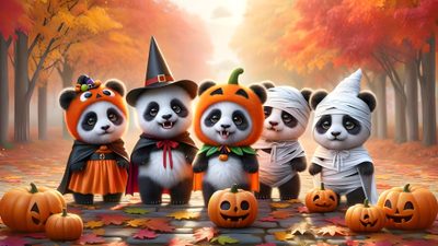 a group of panda bears dressed up in halloween costumes with pumpkins and jack - o'- lanterns Halloween Panda Panda Halloween Background, Cute Halloween Panda, Panda Fall, indian red