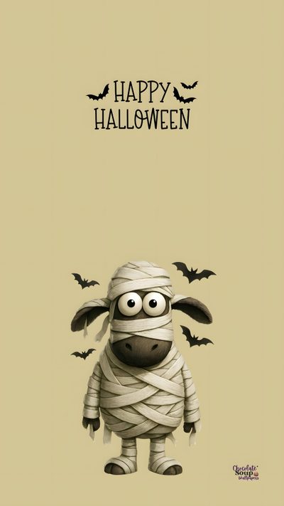 a cartoon sheep with a bandaged face and bats on it's head, in front of a happy halloween card Halloween Sheep Halloween Soup, October Halloween, Fall Deco, Halloween Chocolate, Holiday Paper, tan