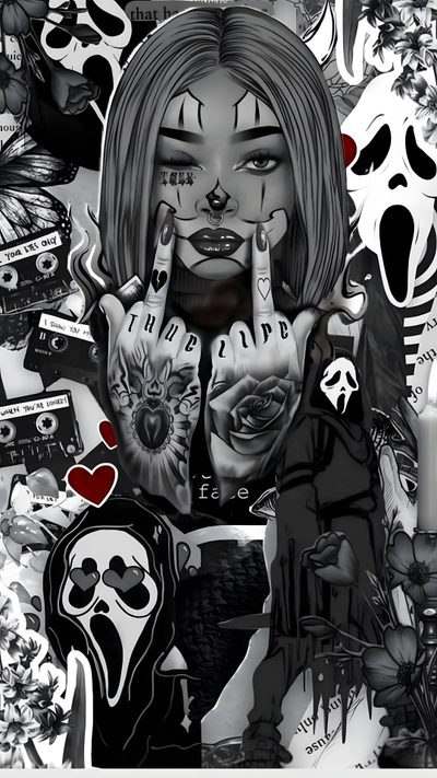 a woman with tattoos on her face and hands Halloween Baddie Trippy Iphone, Dessin Moto, Images Hello Kitty, Pink Hello Kitty, dark slate gray