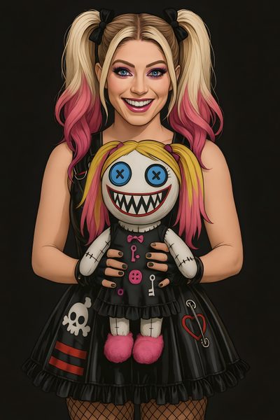 a woman with pink hair and makeup holding a stuffed animal in her arms while wearing a black dress Wwe Halloween Realistic Cartoons, Alexa Bliss Art, Wrestling Posters, Harley Quinn Comic, Wwe, black