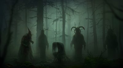 three people in the woods with long horned hair and horns on their heads, standing among tall trees Halloween Woods Horror Forest, Horror Forest Art, Creepy Creature In Dark Forest, dark slate gray