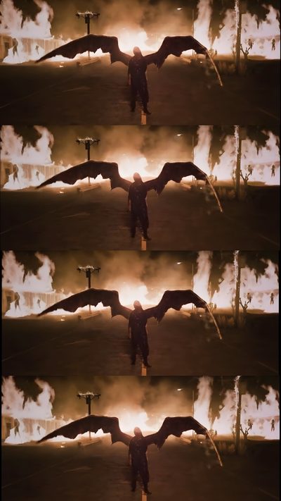 a man standing in front of a fire filled sky with two large birds flying over it Halloween Billie Eilish Billie Eilish Dragon, Billie Eilish Wings, Eilish No.2, dark slate gray