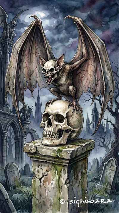 a painting of a bat sitting on top of a skull in front of a graveyard Halloween Skull And Bat Skull, Dark Fantasy Bat Drawing, Gargoyle With Skull Illustration, dim gray
