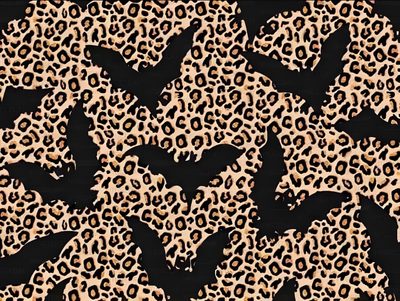 an animal print with birds on it and some black bats in the middle of them Halloween Leopard Print Animal Print Bat Theme, Halloween Leopard Print Design, Halloween Party Decor Ideas, dark slate gray
