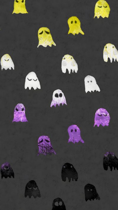 a bunch of different colored ghost faces on a black background with purple and yellow colors Nonbinary Halloween Nonbinary Halloween, Nonbinary Hidden, Subtle Nonbinary, Cute Nonbinary, dark slate gray