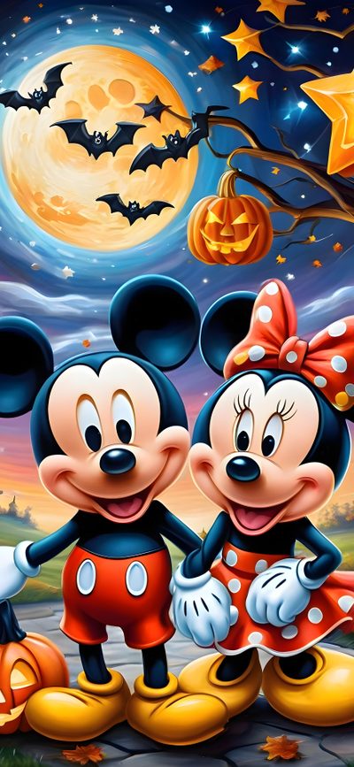 two mickey and minnie mouses standing next to each other in front of a full moon Mickey And Friends Halloween Backgrounds Mickey And Minnie Halloween Images, Mickey And Minnie Halloween Pictures, Mickey Mouse Halloween Iphone, dim gray