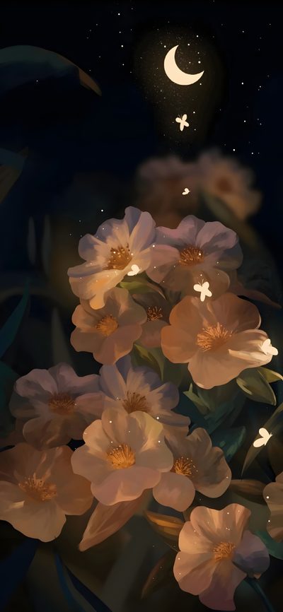 the flowers are blooming in the night sky Moonlight Flowers Halloween Floral Backgrounds Whatsapp, Wallper Iphone, For Android Phone, black