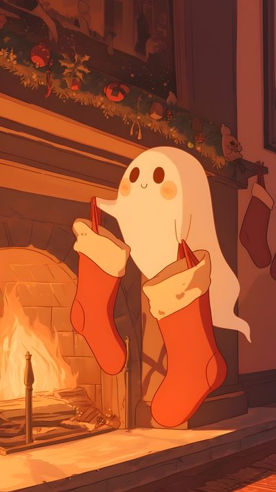 a cartoon dog sitting in front of a fireplace with stockings hanging from it's legs Cute Halloween Christmas Christmas Cute Drawing, Christmas, Cute Christmas Aesthetic, saddle brown