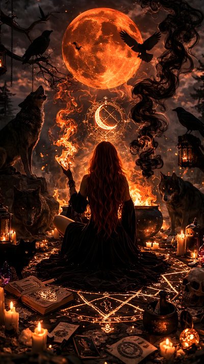a woman sitting in front of a full moon surrounded by candles and books with cats on them Pagan Halloween House In Nature, Witches Aesthetic, Witches Fantasy, Dark Witch Aesthetic, Witch Lair, black
