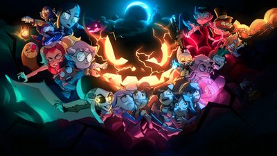 an animated halloween scene with many characters in the center and glowing pumpkins behind them The Owl House Halloween The Owl House Laptop Background, The Owl House Computer, The Owl House Halloween, black