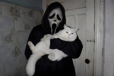 a person in a ghost costume holding a white cat with a creepy face on it Funny Halloween Computer Ghost Face Aesthetic, Ghostface Cat, Ghostface Icons, Ghost Face Pfp, dim gray