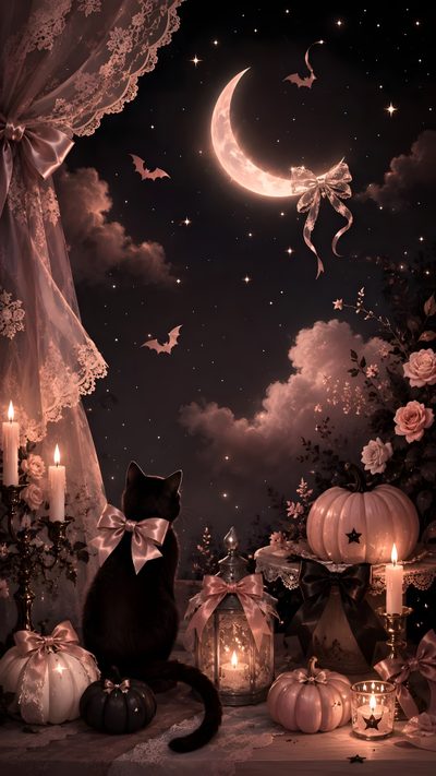 a black cat sitting on top of a table next to some candles and pumpkins Black Cat Halloween Beautiful Halloween, Halloween Aesthetic, Pastel Goth, Cute Aesthetic,