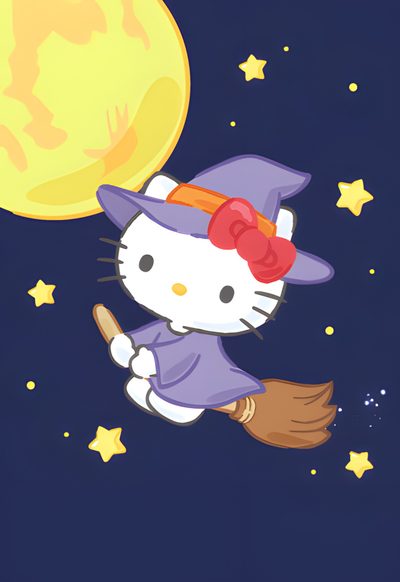 hello kitty flying in the sky with a broom and hat on it's head Cute Hello Kitty Halloween Gif Hello Kitty Halloween Gif, Hello Kitty November, Hello Kitty October, midnight blue