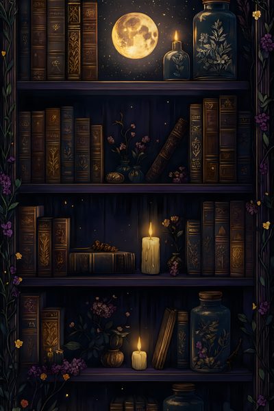 a book shelf filled with lots of books next to a lit candle and some flowers Halloween Bookshelf Iphone Book Background, Book Backgrounds, Dark Academia Images, E Reader, Book, black