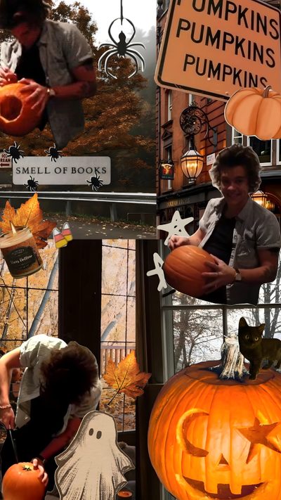 a collage of pumpkins, jack - o'- lanterns and children Harry Styles Happy Halloween Iphone It's The Great Pumpkin, Halloween Trees, Sound Of Rain, saddle brown